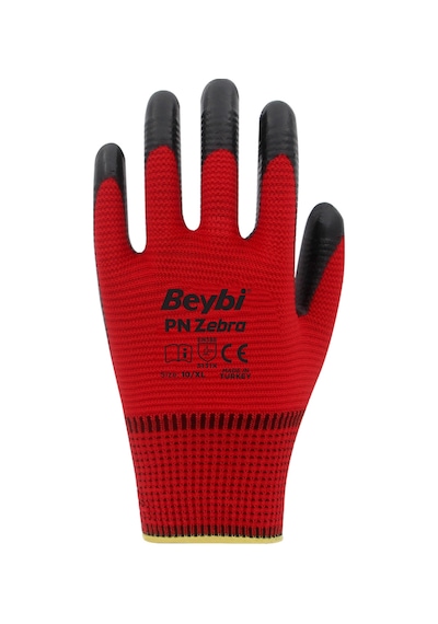 Beybi PN Zebra Polyester Örme Nitril İş Eldiveni – Kırmızı - Siyah