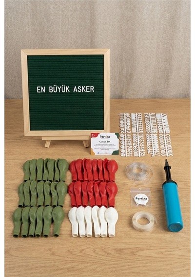Asker Uğurlama Süsleme Classic Set Koyu Yeşil Keçe Yazı Panosu Standlı Balon Zincirli En Büyük Asker Seti Tüm Yaşlar