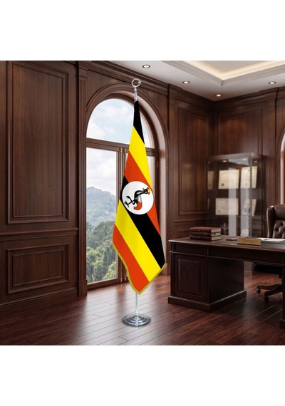 Uganda Direkli - Altın Saçaklı Saten Makam Bayrağı Seti Krom Direk Diğer