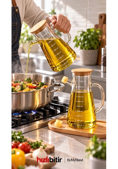 Bymyhand Ahşap Vakumlu Kapaklı Ahşap Stantlı Borosiklat Cam Yağdanlık Sirke Sos Ve Yağlık 900 Ml 3'l Şeffaf