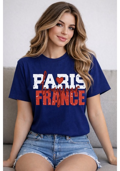 Herkesemoda Paris France Baskı Detaylı Basic T-shirt Lacivert