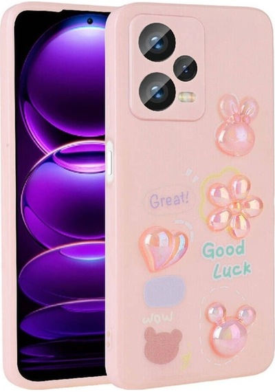 Xiaomi Redmi Note 12 4g Kılıf Kabartma Figürlü Parlak Zore Toys Silikon Kapak Pembe