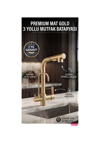 Rena Design Mat Gold Aritmali Spiralli 2 Modlu Başlik L Boru Mutfak Evye Bataryasi Altin Prinç Armatür Musluk