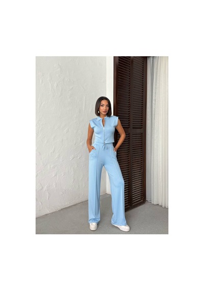 Meecy Kadın Polo Yaka Fermuarlı Crop Yelek Ve Geniş Paça Çimalı Pantolon İkili Takım Mavi Mavi Meecy Kadın Polo Yaka Fermuarlı Crop Yelek Ve Geniş Paça Çimalı Pantolon İkili Takım Mavi Mavi