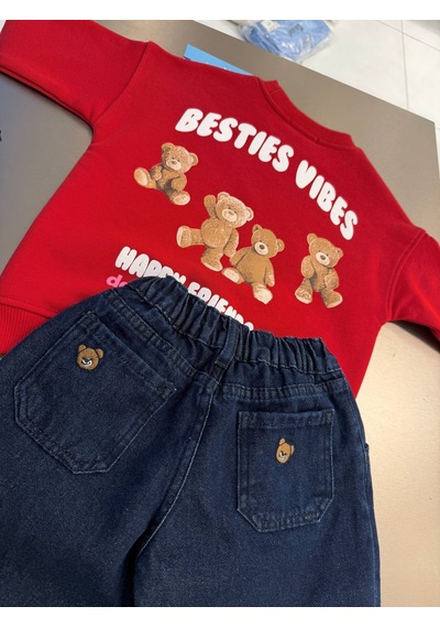 Eray Alp Kids Kız Çocuk Sweatshirt Jean Pantolon Takım Günlük Rahat Kombin Kırmızı