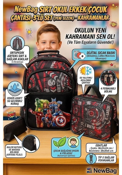 Newbag Kahramanlar Sırt İlkokul Çantası-3'lü Set