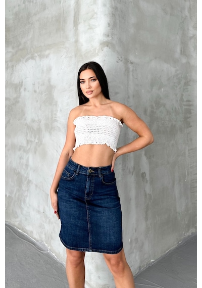 HLT Jeans Koyu Mavi Kadın Regular Fit Yüksek Bel Orta Boy Denim Kot Etek Alice-4006 Koyu Mavi