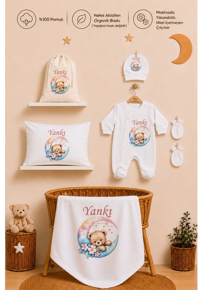 Pia Baby Kız Bebek Yeni Doğan Hastane Çıkışı %100 Pamuk İsme Özel Tulum Seti Battaniye Yastık Kılıfı Kese 1110tybk3x Krem