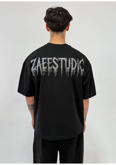 Zaee Star Taşlı Oversize Premium Tişört Siyah