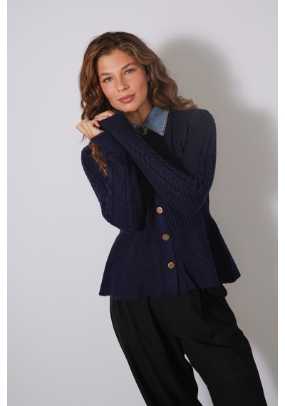 Denim Yaka Detaylı Peplum Triko Kazak Lacivert