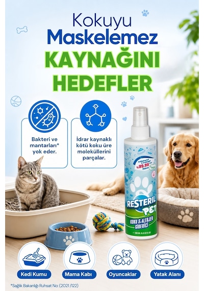 Resteril Parfümsüz Kedi Kumu Tuvaleti Koku  Evcil Hayvan Hijyen Spreyi 200 ML