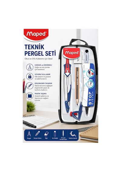 Metal Pergel Seti 7 Parça 1 Maped Stop System Profesyonel Pergel Çizim Proje Matematik Geometri Mimari Çizim Seti