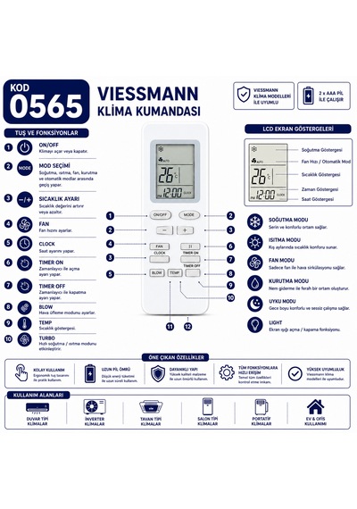 Viessmann 0565 Klima Kumandası Lcd Ekranlı Isıtma Soğutma Fan Turbo Uyku Modu Zamanlayıcı Yedek Kumanda