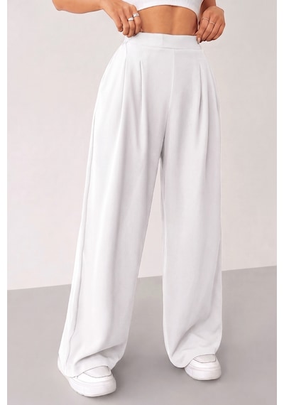 Genius Store Kadın Pantolon Scuba Krep Kumaş Beli Lastikli Cepli Pileli Geniş Paça Palazzo Pantolon Scuba-crep Beyaz
