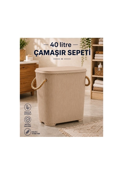 Liva Loft 40 L Kapaklı Çamaşır Sepeti Halat Saplı Bej - 918657149 Bej
