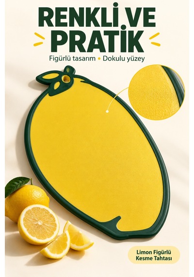 Limon Figürlü Kaydırmaz Kesme Tahtası 24x34 Cm Askılı Plastik Sebze Meyve Doğrama Panosu Sarı Mutfak