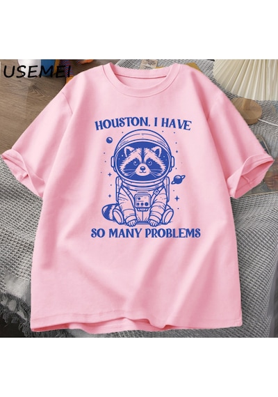 Flood Of Style Houston Ben Çok Sorunları Var Tshirt Komik Rakun Meme Grafik T Shirt Çöp Panda Merch T-shirt Pembe