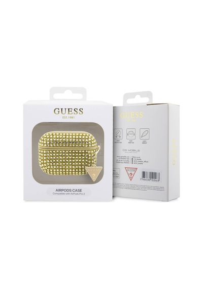 Apple Uyumlu AirPods Pro 2 Kılıf Guess Lisanslı Parıltılı Taş Kaplamalı Üçgen Logo Süs Zincirli Gold