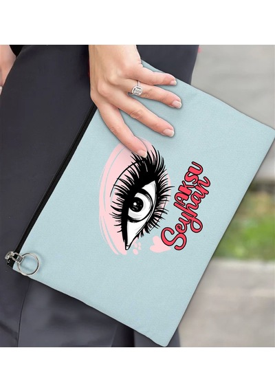 Bk Gift Kişiye Özel İsimli-5 Astarlı Açık Mavi Portföy Çanta 30x21cm, Baskılı El Çantası, Organizer Çanta