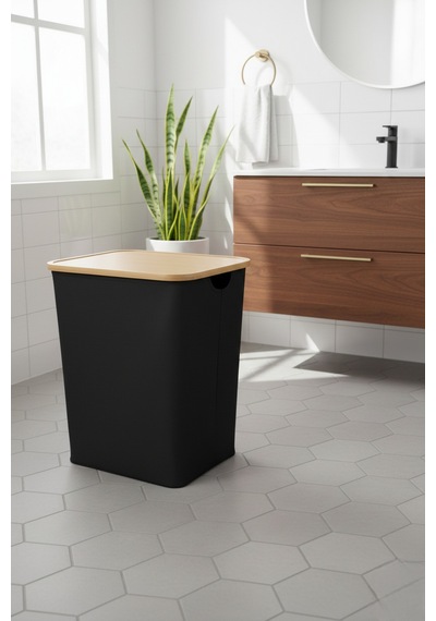 Bambu Çerçeveli 100 Litre Kapaklı Katlanabilir Çamaşır Sepeti, 2 Bölmeli Kirli Sepeti 60x54x33 Siyah