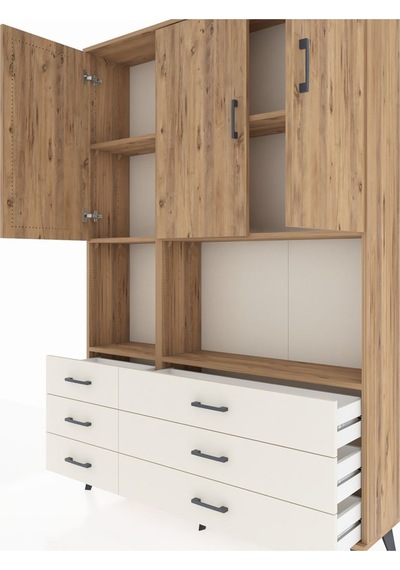 Arges Dolap 6 Raflı 6 Çekmeceli 3 Kapaklı 132x30x195 Çam-çam/... Çam