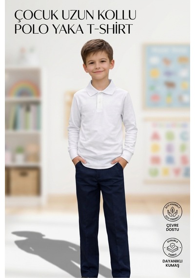 Erdem Kıds Unisex Kız Erkek Çocuk Polo Yaka Pamuklu Uzun Kol Beyaz F2:f100günlük Basic Okul Tişört Beyaz Beyaz