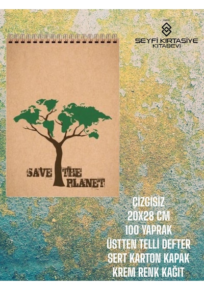 Çizgisiz 20x28 Cm 100 Yaprak Telli Defter Sert Karton Kapak Krem Renk Kağıt Save The Planet Çok Renkli
