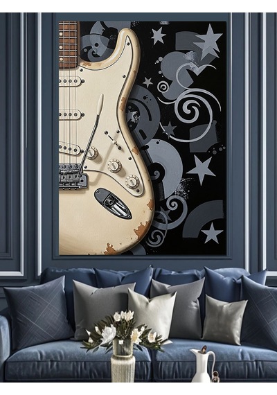 Ahşap Tablo Siyah Beyaz Gitar Desenleri Aşk Temalı Tablolar