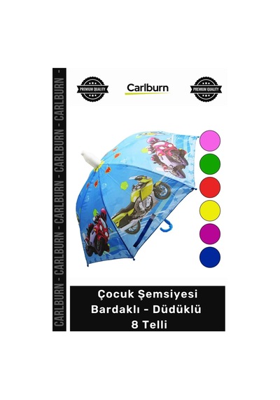 Carlburn Özel Üretim Renkli Dayanıklı Rüzgara Dirençli Okul Çocuk Şemsiyesi Bardaklı Düdüklü 8 Telli Çok Renkli