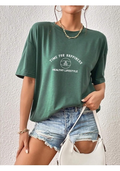 Uyguntarz Unisex Time For Happiness Tasarım Basklı Tshirt Yeşil