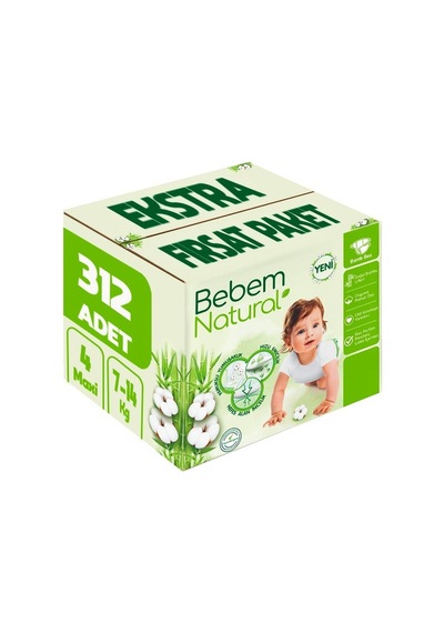 Bebem Bebek Bezi Natural Beden:4 7-14kg Maxi 312 Adet 4 Numara