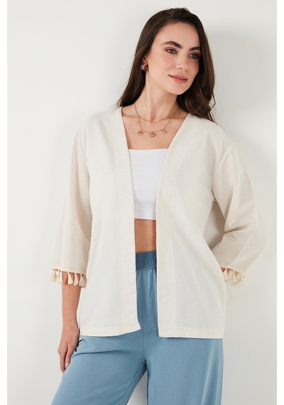 Lela Pamuk Ve Keten Karışımlı Püskül Detaylı Regular Fit Uzun Kimono Bayan Hırka 5869015 Bej