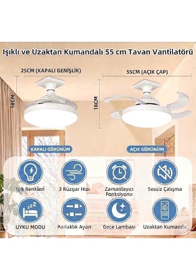 Dolunay Fanlı Led Ampul - 72w 7850 Lümen - 3 Renk Yanma Modlu Beyaz, Gün Işığı, Natural - Uzaktan Kumandalı, Cata Dimlenebilir Hayalet Pervaneli Tavan Vantilatörü Ve Aydınlatma