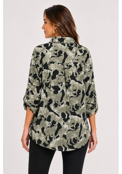 Neden Tekstil Kadın Oversize Desenli Uzun Kol Gömlek - Yeşil