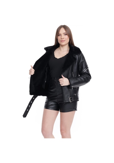 M M Marki Marki Kadın Siyah Hakiki Deri Ceket, Kruvaze Yaka, Kemerli Biker Model, Içi Kürklü - 109422