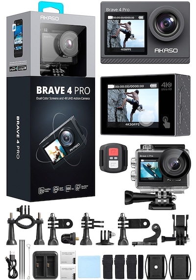 Akaso Brave 4 Pro Dual Screens 4K 30Fps Wi-Fi Aksiyon Kamera ve Süper Aksesuar Seti (Akaso Türkiye 2 Yıl Garantili)