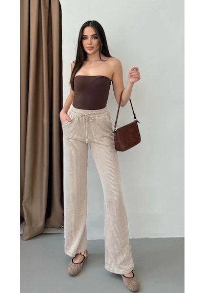 Thiffgymwear Yandan Cepli Beli Bağcıklı Su Yolu Kadın Çizgili Pantolon Kahverengi