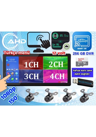 4 Adet 1080p Ahd 150'' Kamera Dokunmatik 10.36'' Video Müzik Dvr Ekran 10.25"