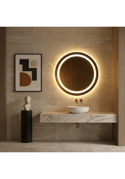 96x96 Cm Modern Yuvarlak Led Banyo Aynası Kumlamalı, Touch Sensörlü, Dimmerli Günışığı 3000k Sarı