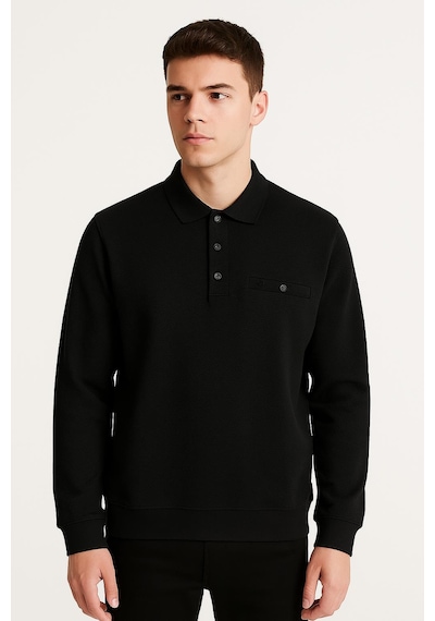 Ercan Regular Fit Polo Yaka Uzun Kol Sweatshirt - 7419 Siyah