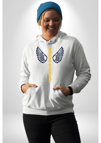 Uçan Hayaller Gökyüzünde Melek Kanatları Kadın Erkek Beyaz Kapüşonlu Sweatshirt Hoodie Beyaz
