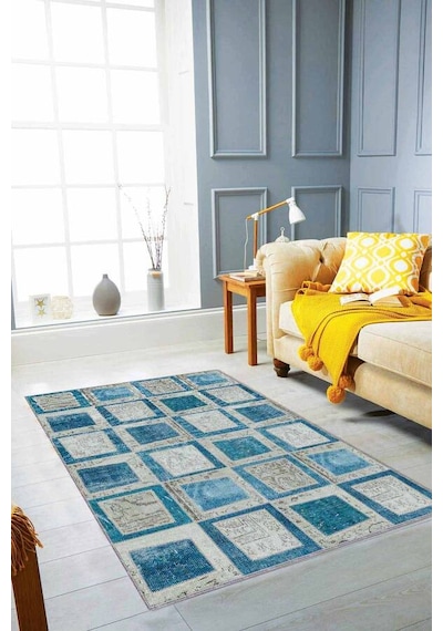 Turkuaz Patchwork Kaymaz Tabanlı Dekoratif Halı Rv224n11