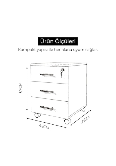 Antrasit 3 Çekmeceli Hareketli Keson, Merkezi Kilitli Ofis Dolabı, Tekerlekli Çalışma Masası Altı Komodin, Dosya Diğer