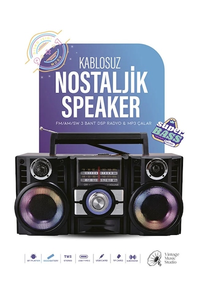 Radyo & Rgb Led Disko Işıklı Nostaljik Bluetooth Özellikli Hoparlör 4 Bantlı Şarj Edilebilir Speaker