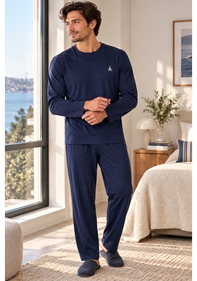 Free Beka Erkek Nakışlı Lacivert Uzun Kollu Penye Kumaş Mevsimlik Pijama Takımı Siyah