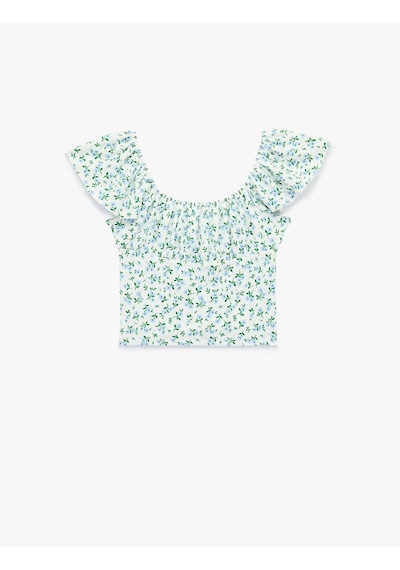 Koton Çiçek Desenli U Yaka Kısa Kollu Crop Bluz Mavi Desenli 6sal60046ık