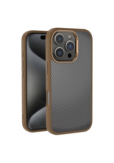 Apple Uyumlu iPhone 16 Pro Kılıf Karbon Fiber Görünümlü Parlak Kamera Çerçeveli Ven Rose Brown Rose Brown