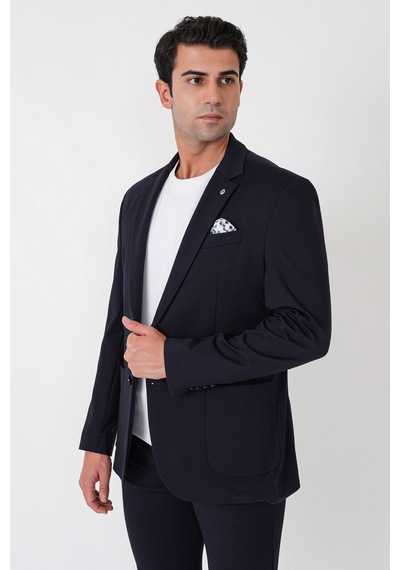 Comfort Fit Esnek Rayon Pamuk Karışım Torba Cepli Lacivert Blazer Ceket C 744