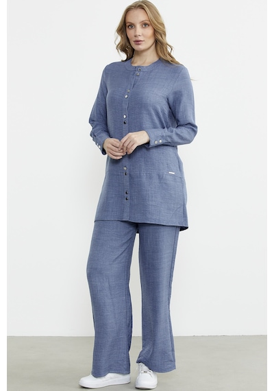 Sementa Keten Görünümlü Gömlek Pantolon Takım - Indigo Indigo