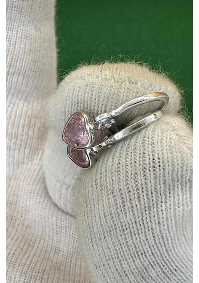 Kadın Gümüş Renk Zirkon Taşlı Kalpli Minimal Küpe Pembe